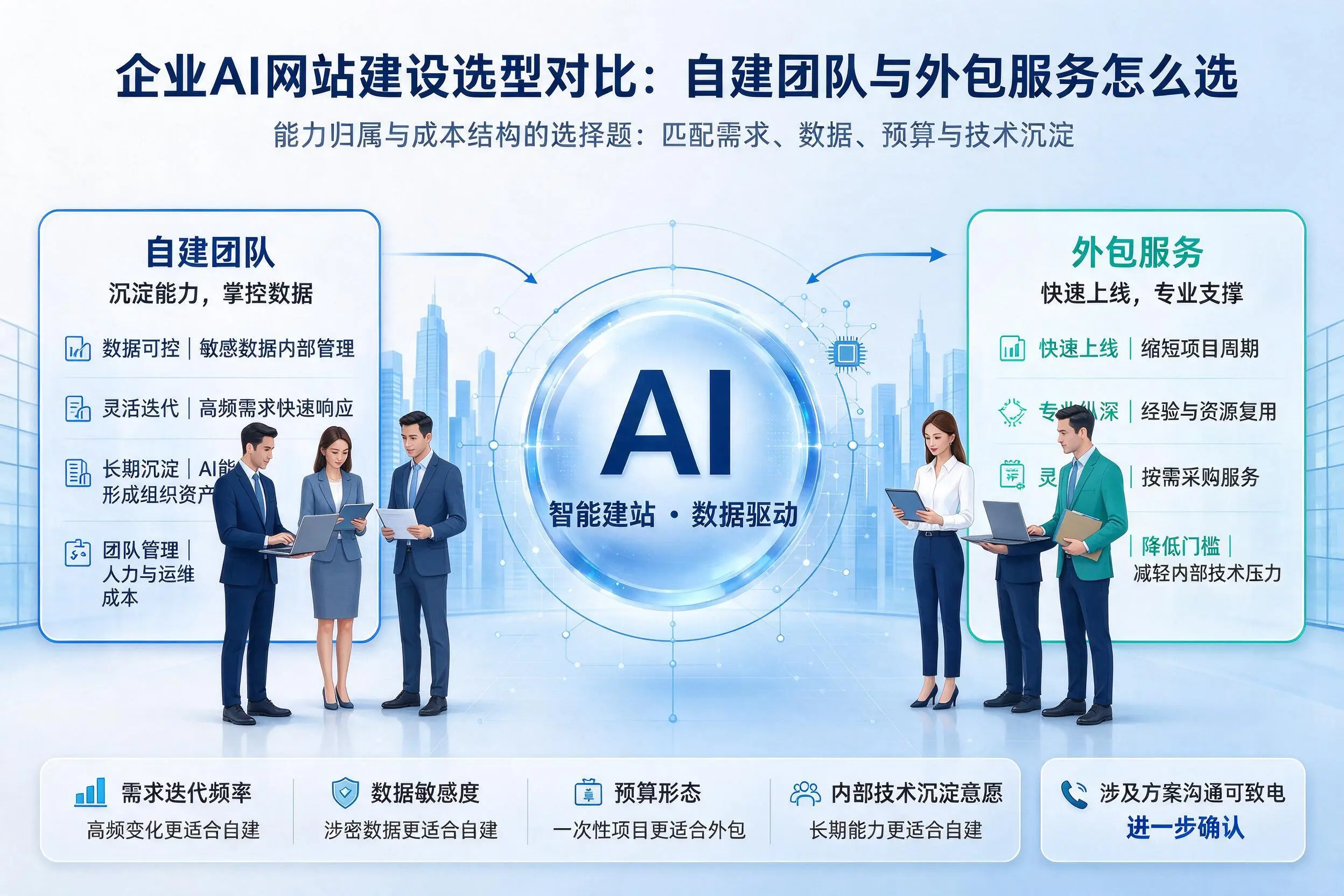 胡杨河企业AI网站建设选型对比：自建团队与外包服务怎么选